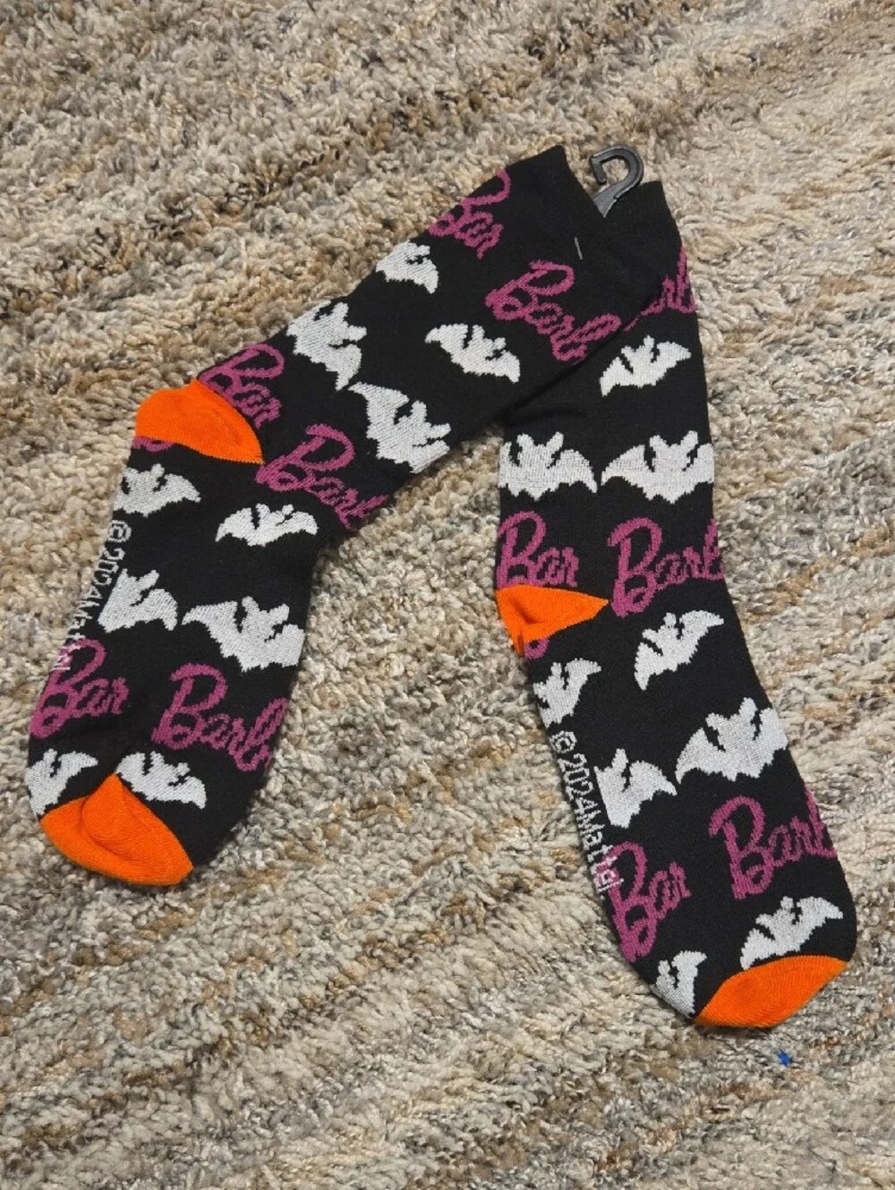 Barbie Black Crew Socks with White Bat Pattern and Orange Accents